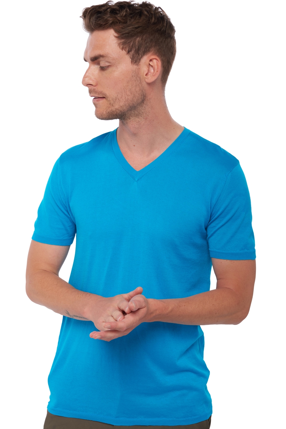 Coton Giza 45 pull homme col v michael turquoise m